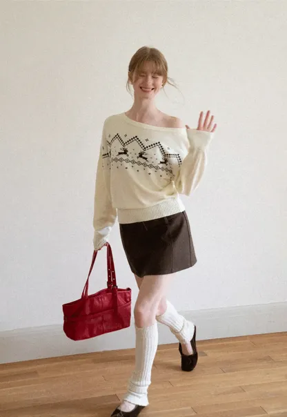Off Shoulder Fair Isle Pattern Woolen Knit Sweater