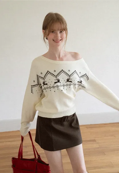 Off Shoulder Fair Isle Pattern Woolen Knit Sweater
