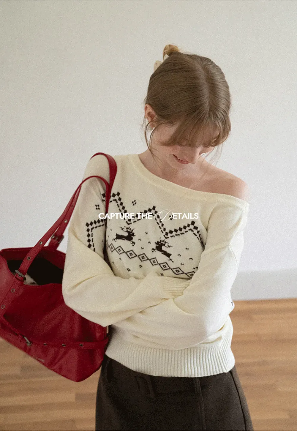 Off Shoulder Fair Isle Pattern Woolen Knit Sweater