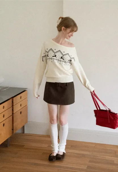 Off Shoulder Fair Isle Pattern Woolen Knit Sweater