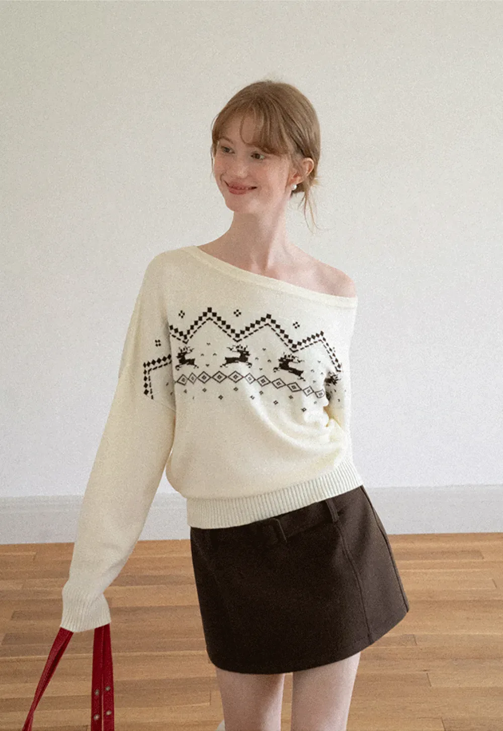 Off Shoulder Fair Isle Pattern Woolen Knit Sweater