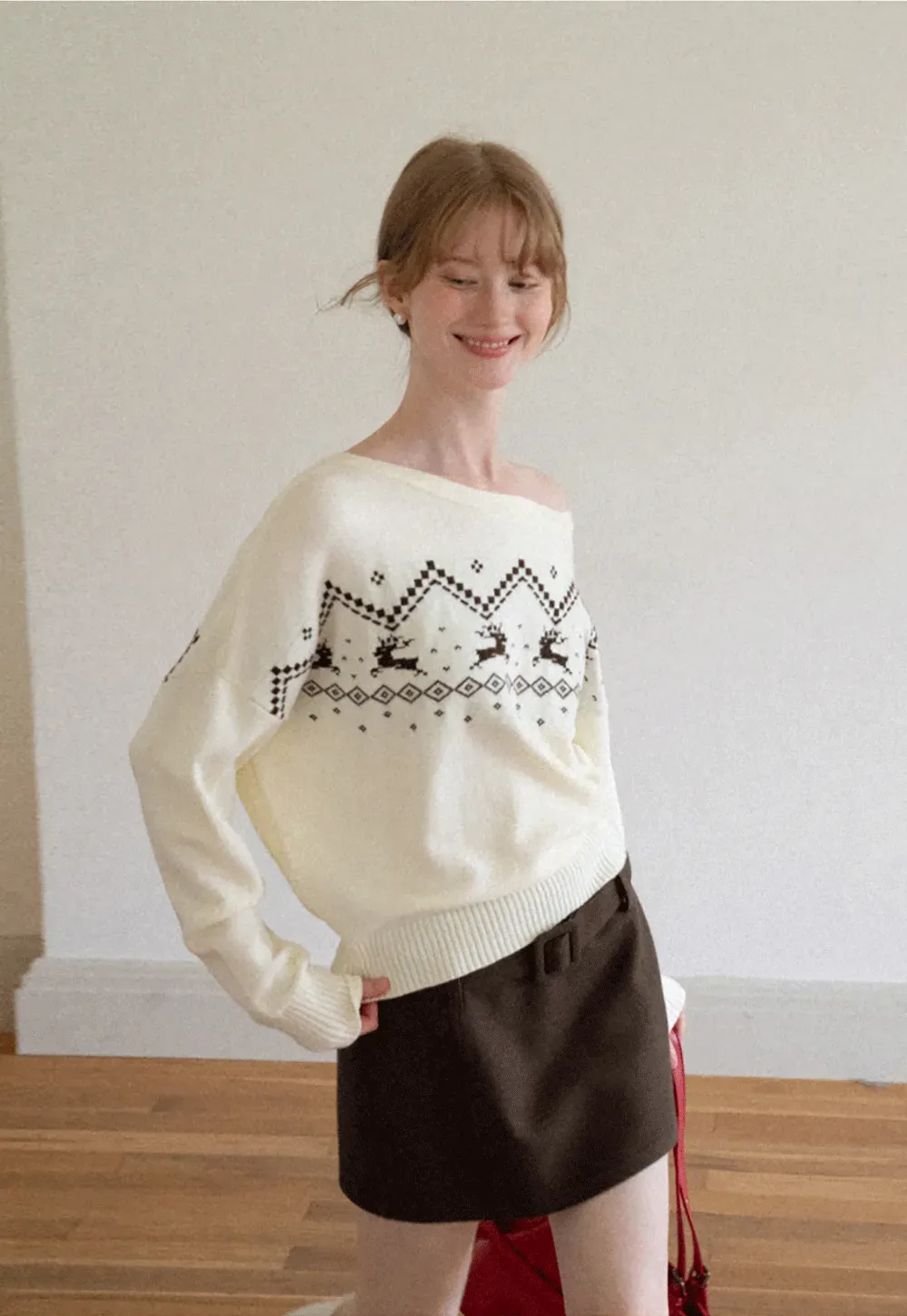 Off Shoulder Fair Isle Pattern Woolen Knit Sweater