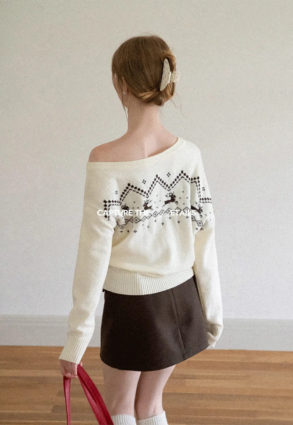Off Shoulder Fair Isle Pattern Woolen Knit Sweater