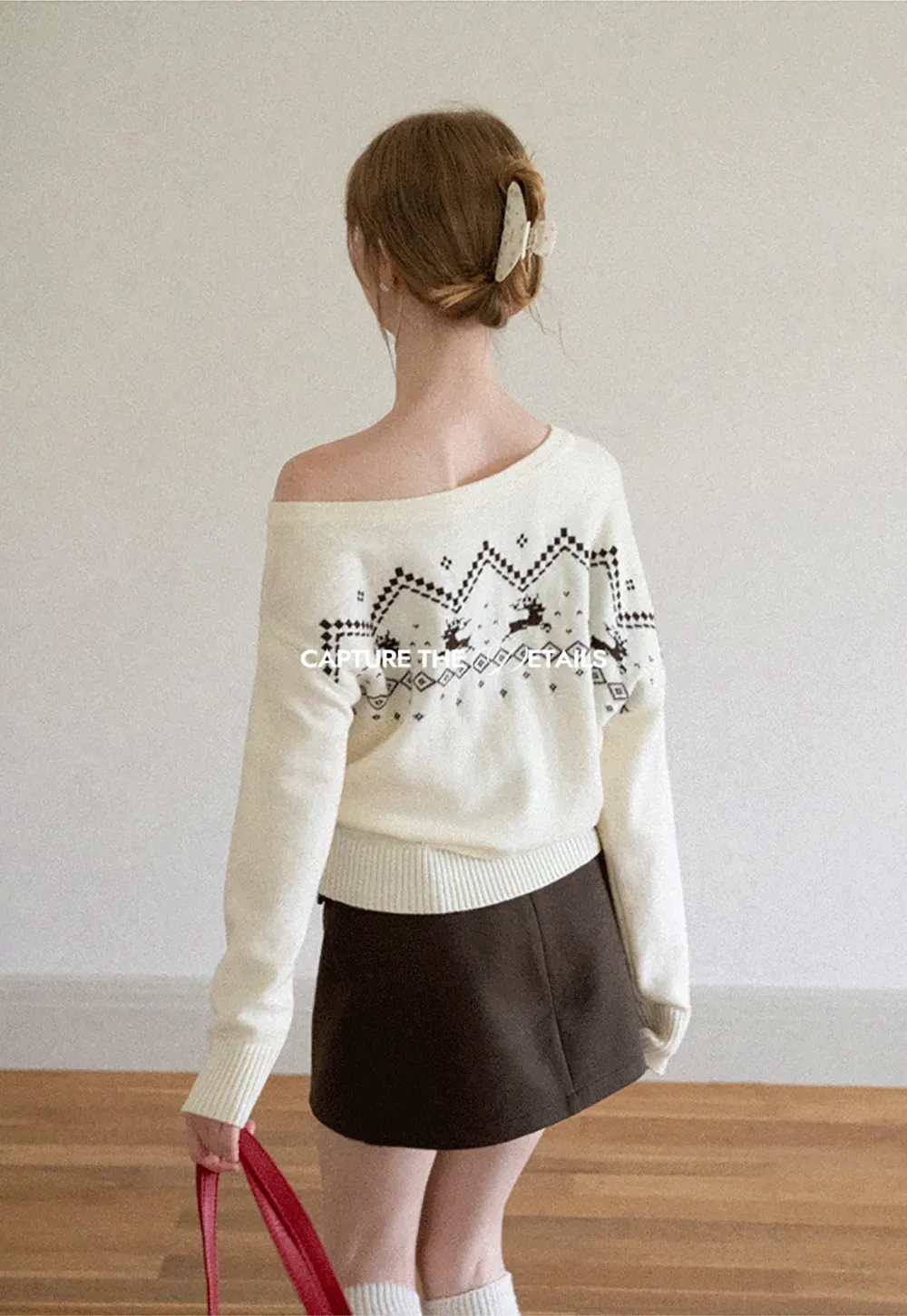 Off Shoulder Fair Isle Pattern Woolen Knit Sweater