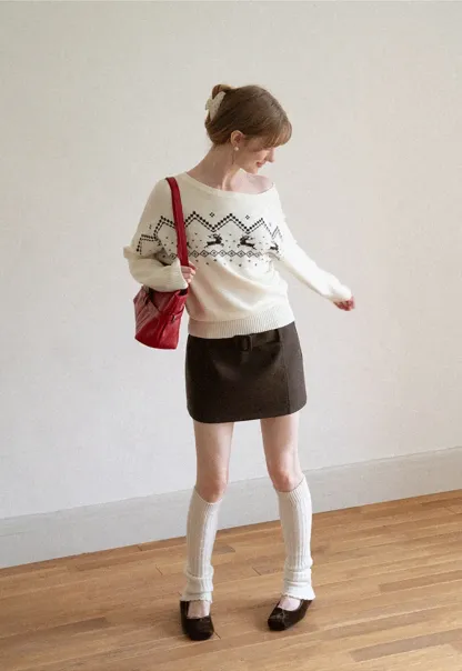 Off Shoulder Fair Isle Pattern Woolen Knit Sweater