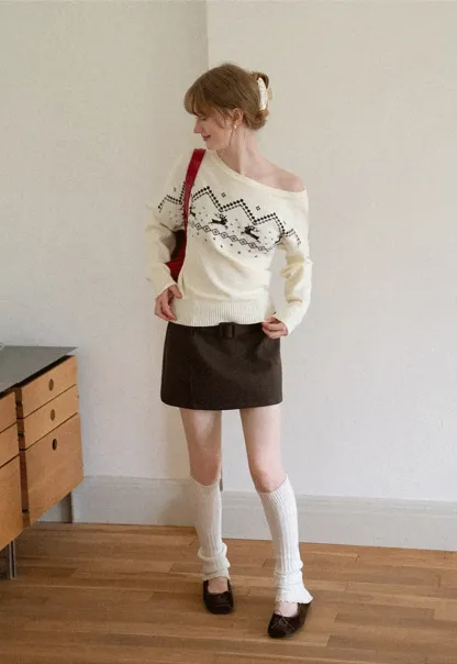 Off Shoulder Fair Isle Pattern Woolen Knit Sweater