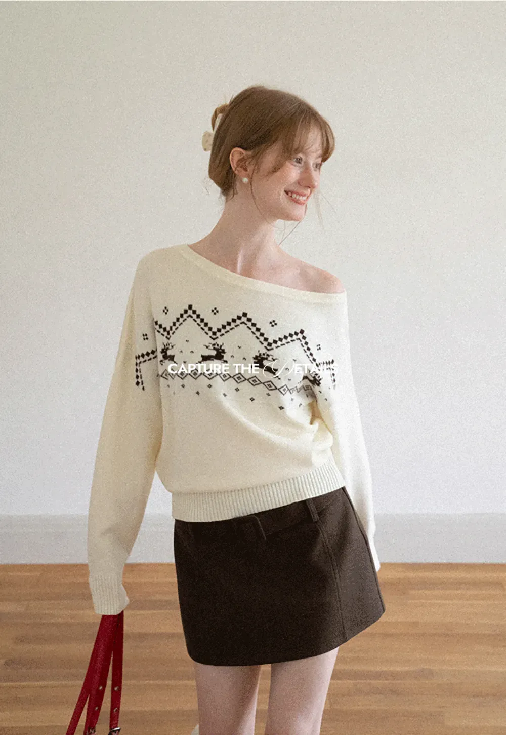 Off Shoulder Fair Isle Pattern Woolen Knit Sweater