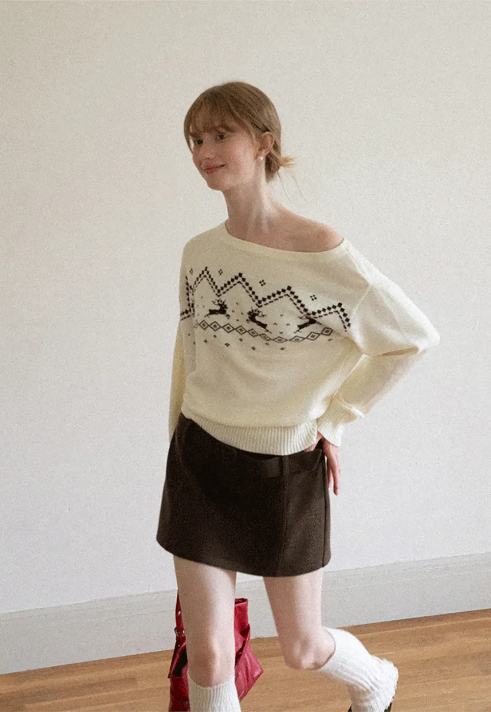 Off Shoulder Fair Isle Pattern Woolen Knit Sweater