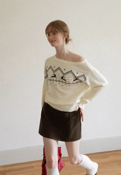 Off Shoulder Fair Isle Pattern Woolen Knit Sweater