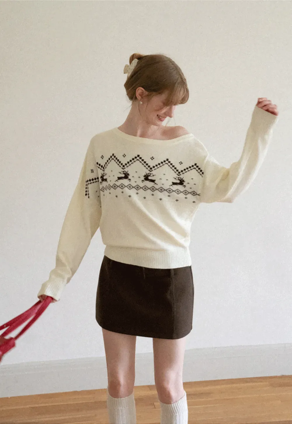 Off Shoulder Fair Isle Pattern Woolen Knit Sweater