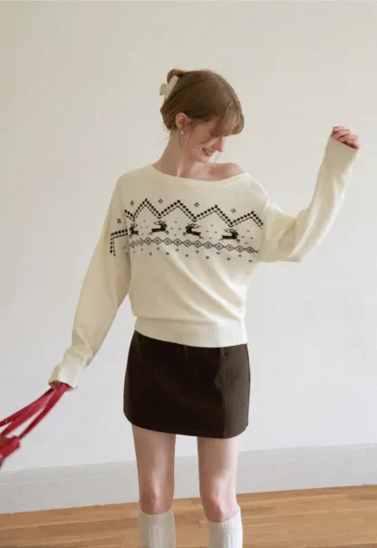 Off Shoulder Fair Isle Pattern Woolen Knit Sweater