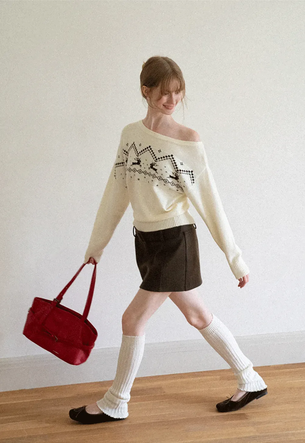 Off Shoulder Fair Isle Pattern Woolen Knit Sweater