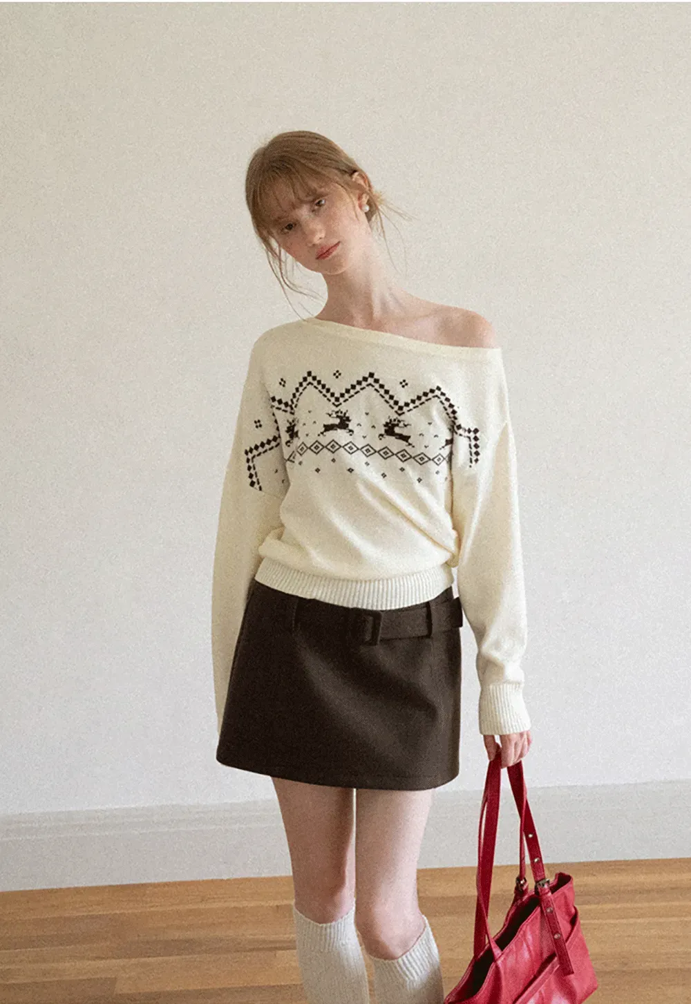 Off Shoulder Fair Isle Pattern Woolen Knit Sweater