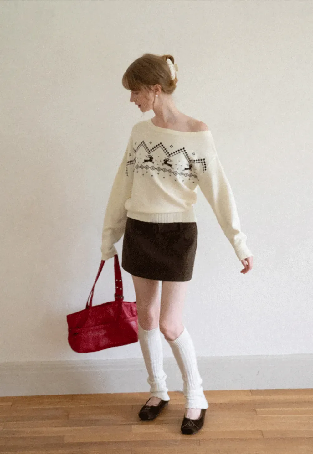 Off Shoulder Fair Isle Pattern Woolen Knit Sweater