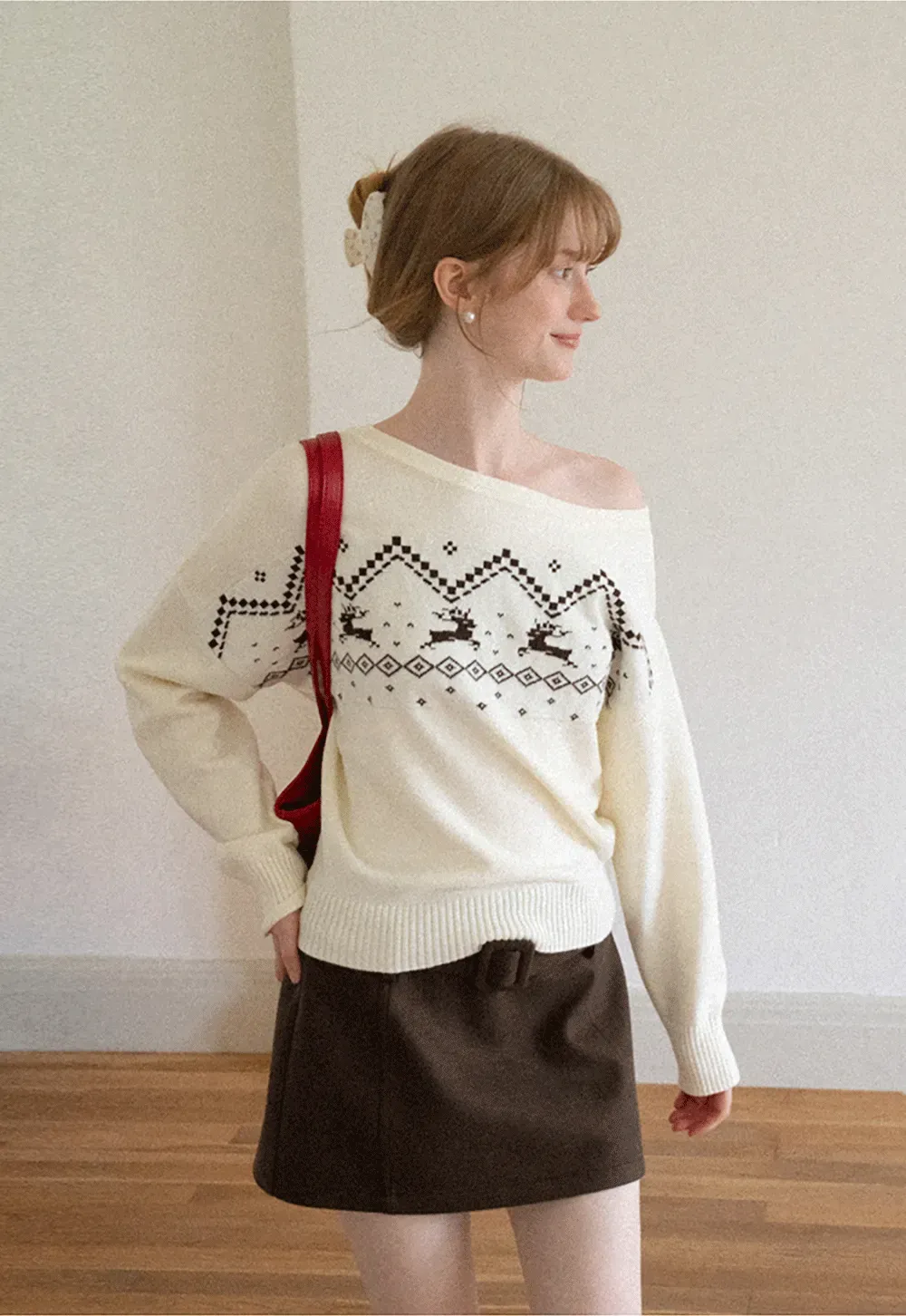 Off Shoulder Fair Isle Pattern Woolen Knit Sweater