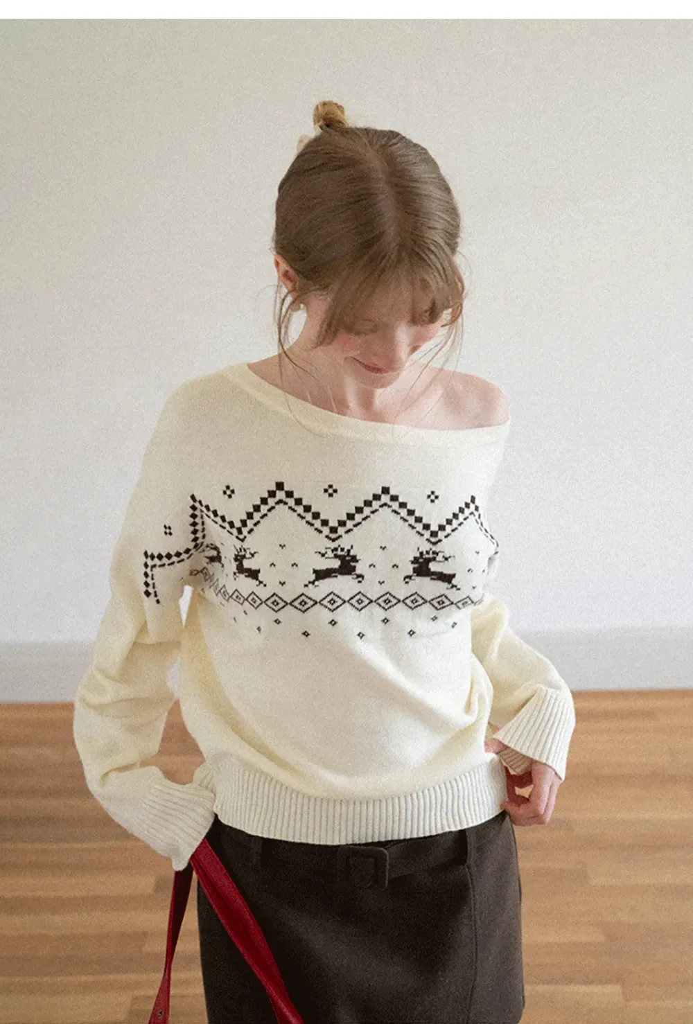Off Shoulder Fair Isle Pattern Woolen Knit Sweater