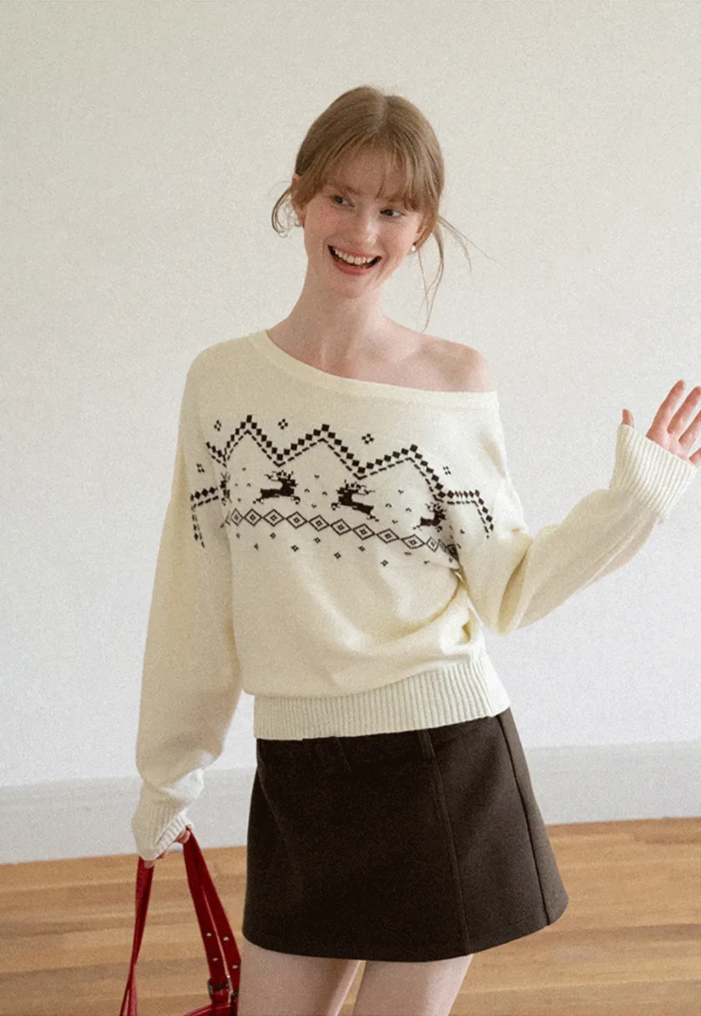 Off Shoulder Fair Isle Pattern Woolen Knit Sweater