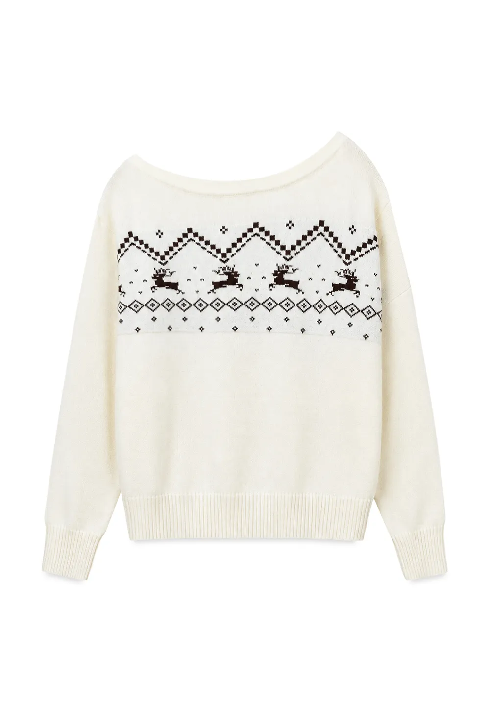 Off Shoulder Fair Isle Pattern Woolen Knit Sweater