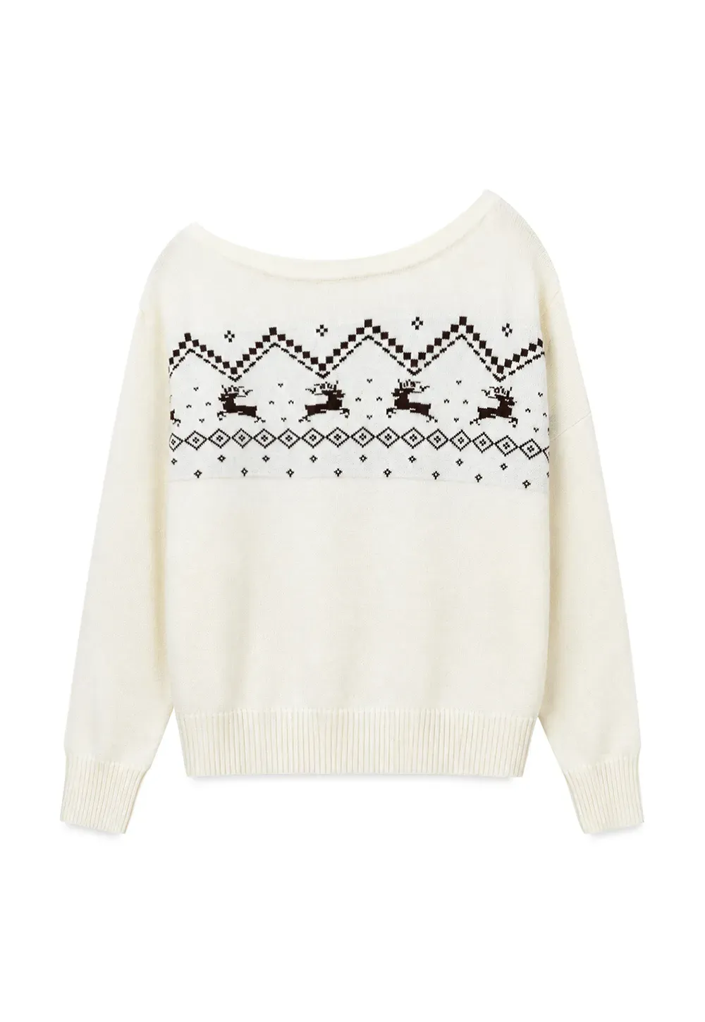 Off Shoulder Fair Isle Pattern Woolen Knit Sweater