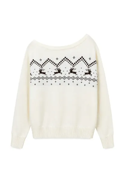 Off Shoulder Fair Isle Pattern Woolen Knit Sweater