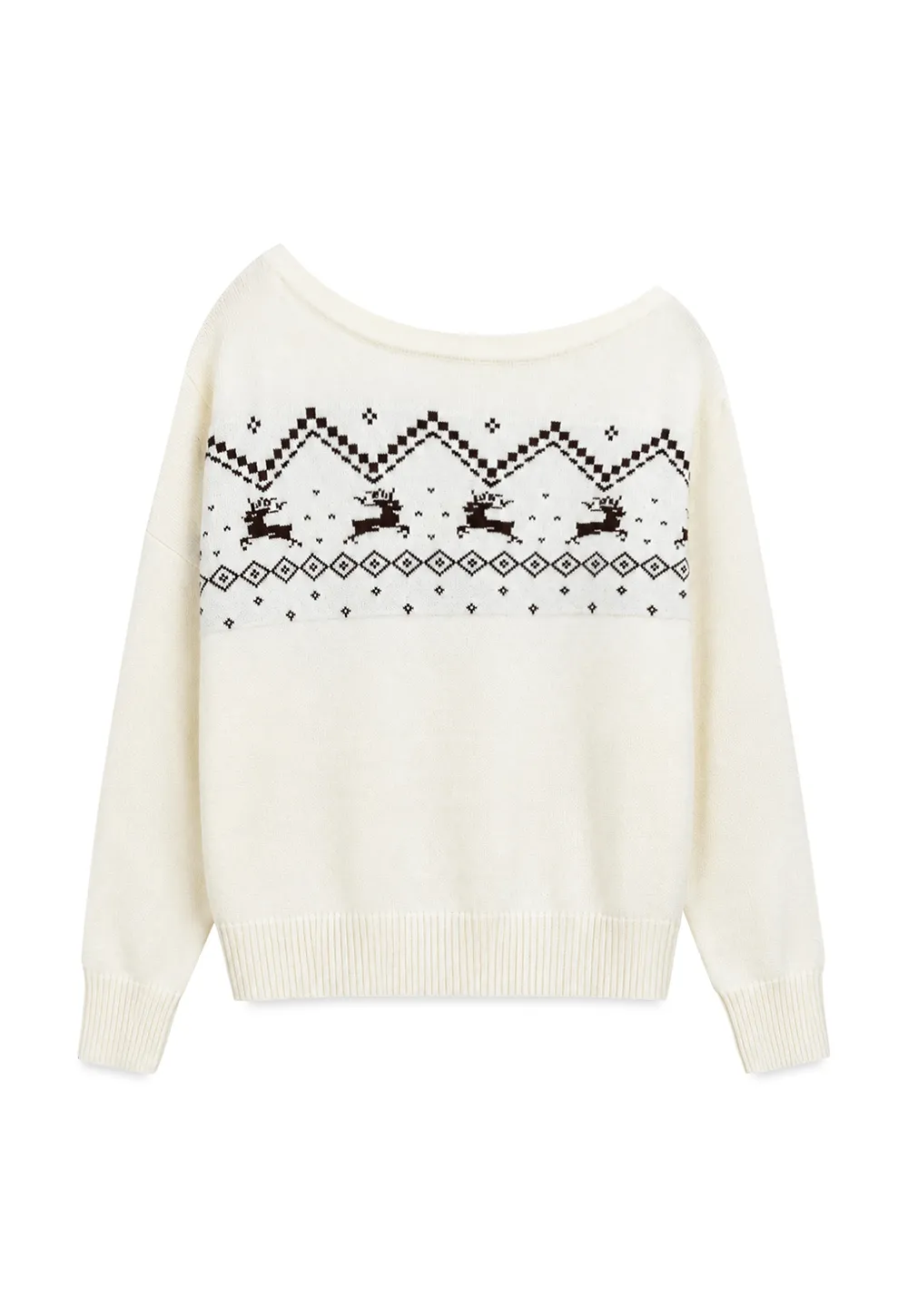 Off Shoulder Fair Isle Pattern Woolen Knit Sweater