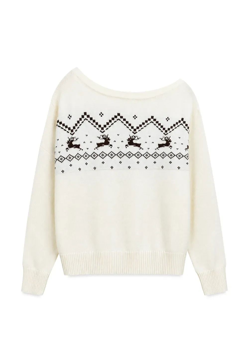 Off Shoulder Fair Isle Pattern Woolen Knit Sweater