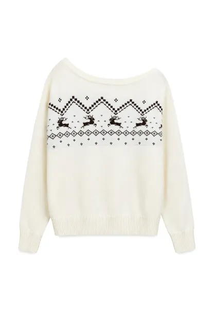 Off Shoulder Fair Isle Pattern Woolen Knit Sweater