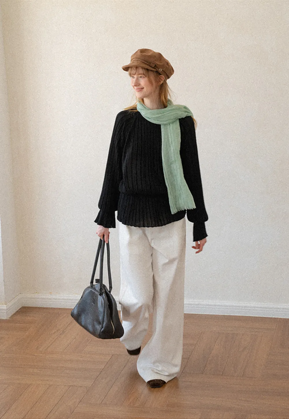 Ribbed Knit Sweater with Ruffled Hem and Flared Sleeves