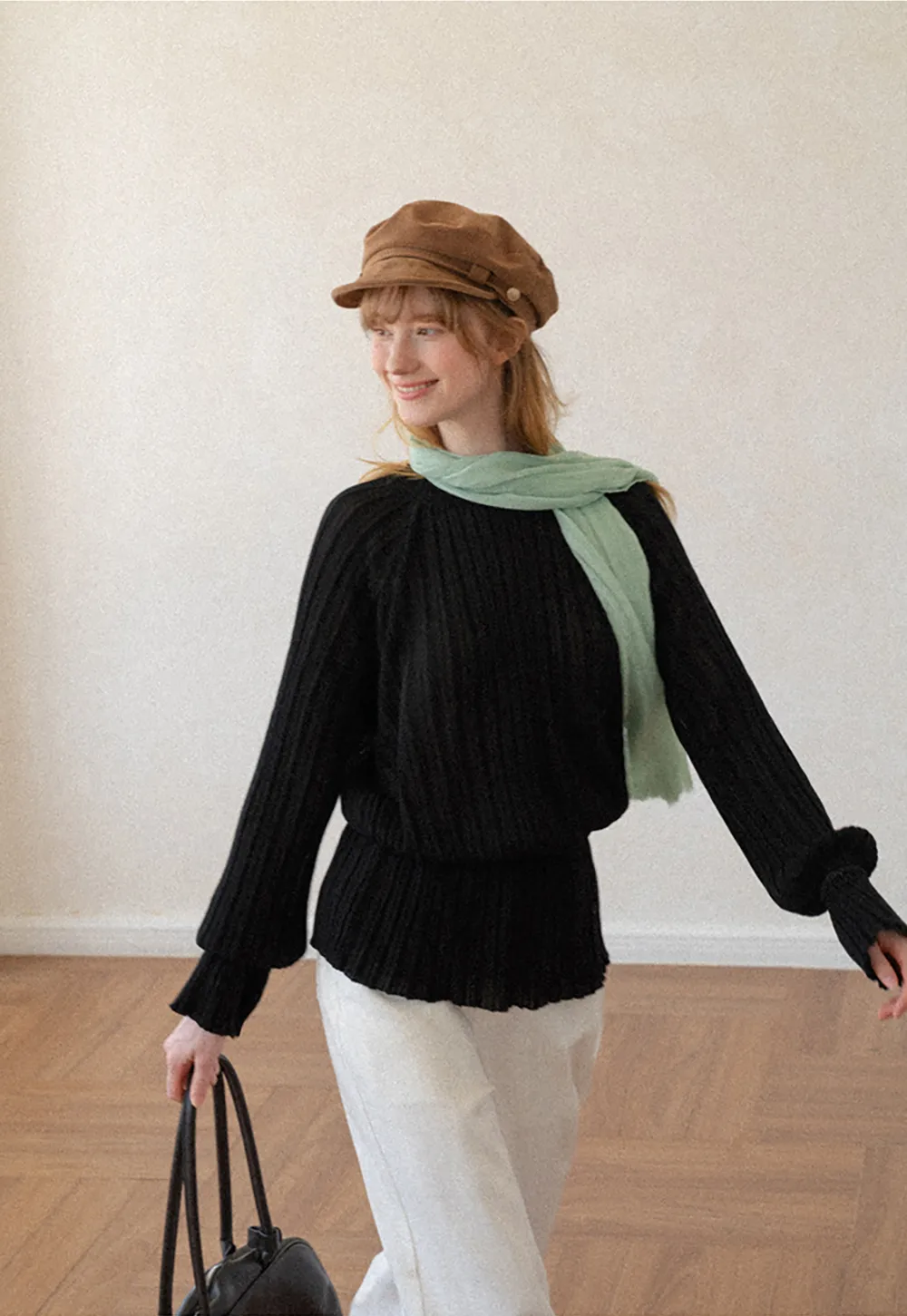 Ribbed Knit Sweater with Ruffled Hem and Flared Sleeves