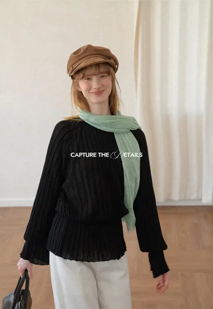Ribbed Knit Sweater with Ruffled Hem and Flared Sleeves