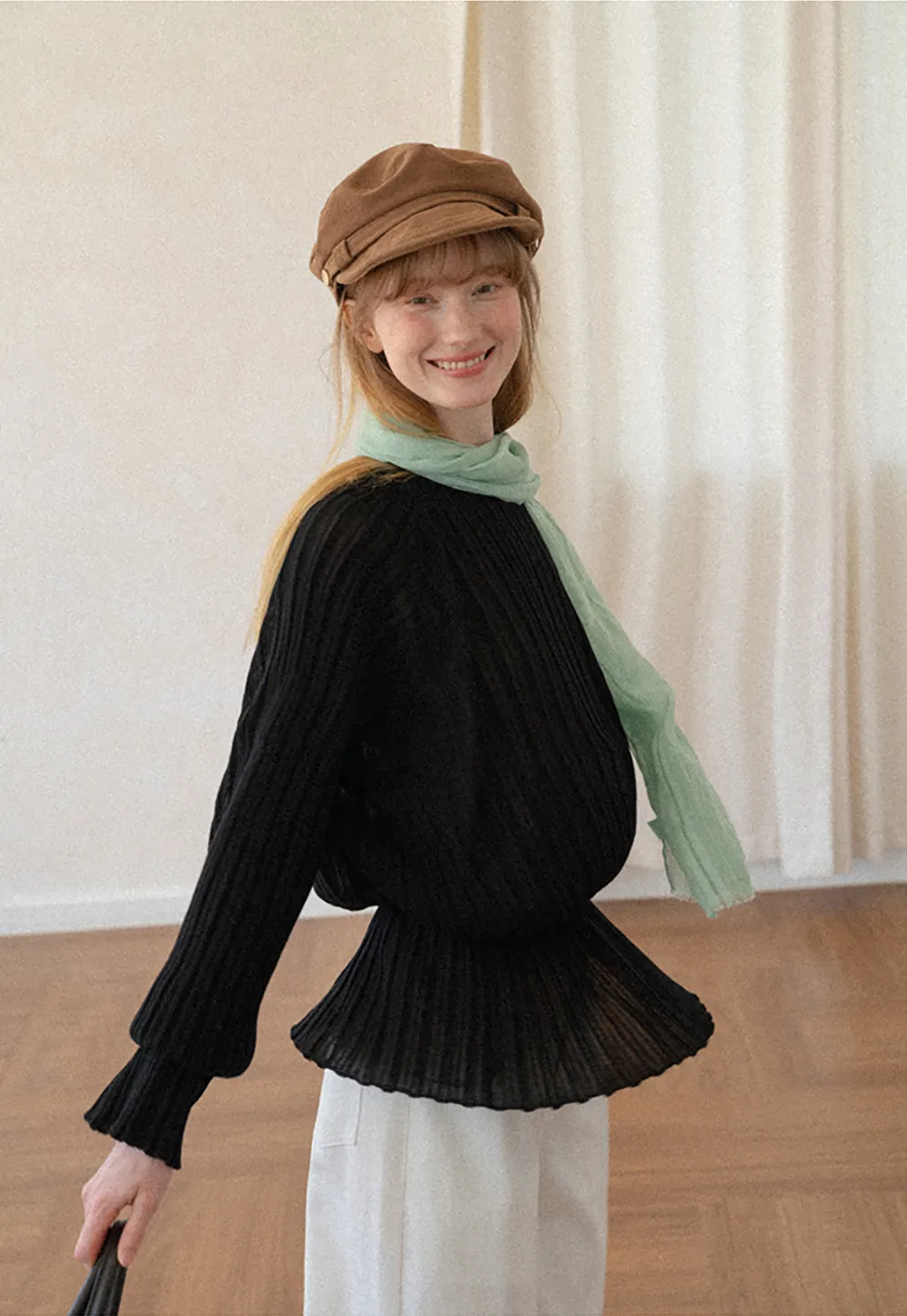 Ribbed Knit Sweater with Ruffled Hem and Flared Sleeves