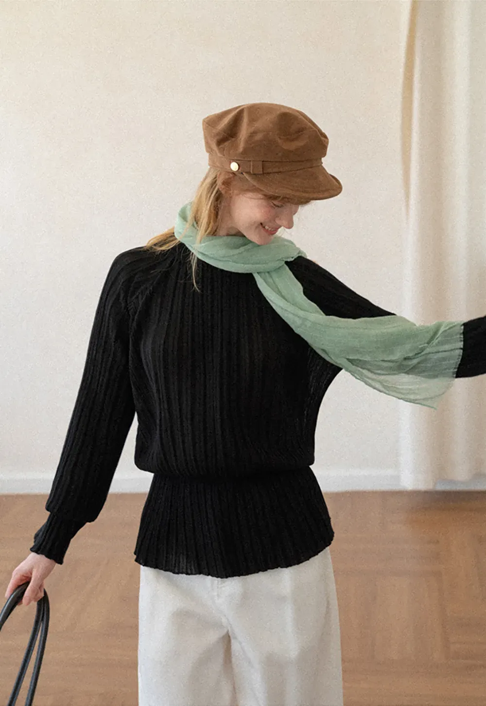 Ribbed Knit Sweater with Ruffled Hem and Flared Sleeves