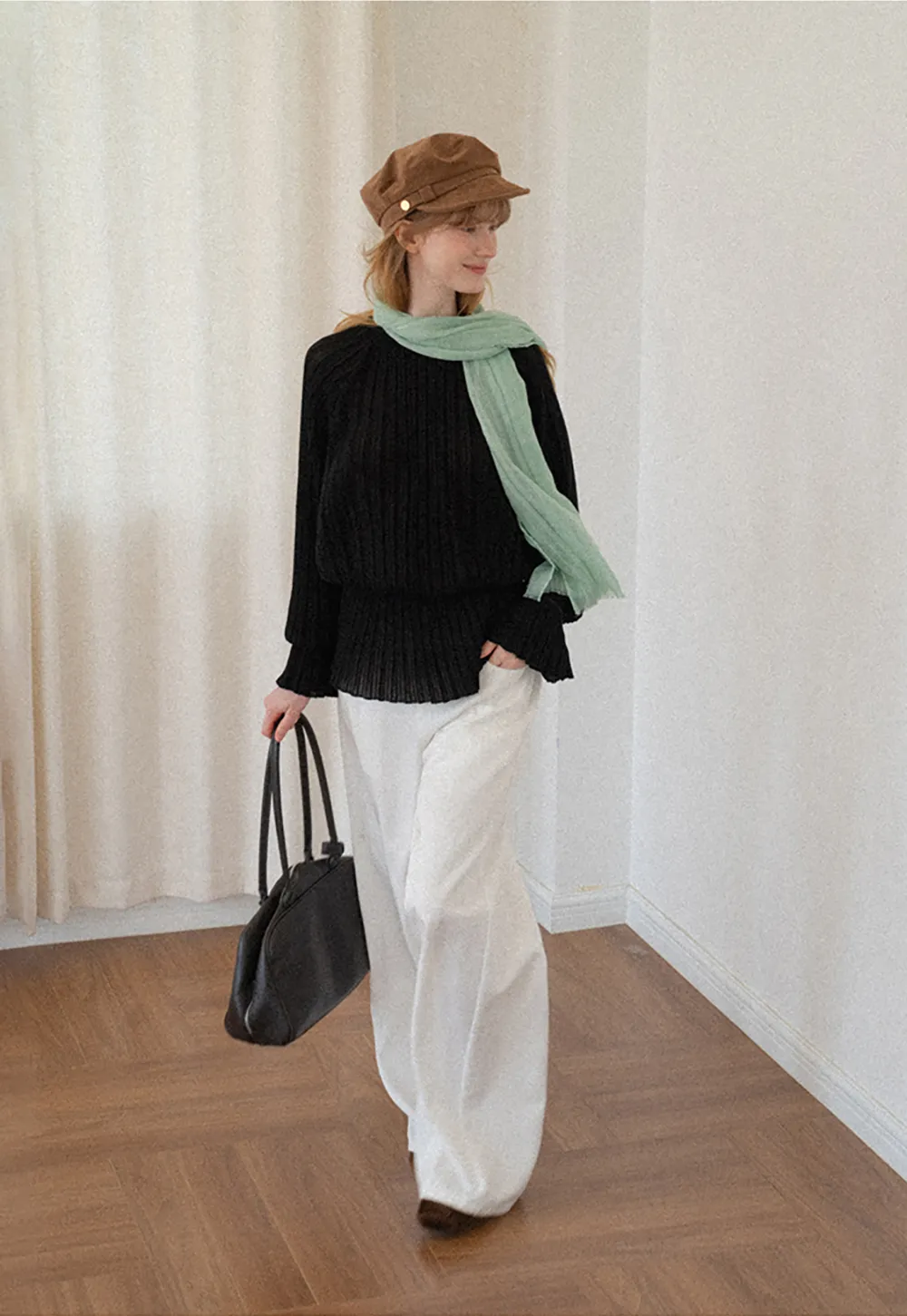 Ribbed Knit Sweater with Ruffled Hem and Flared Sleeves