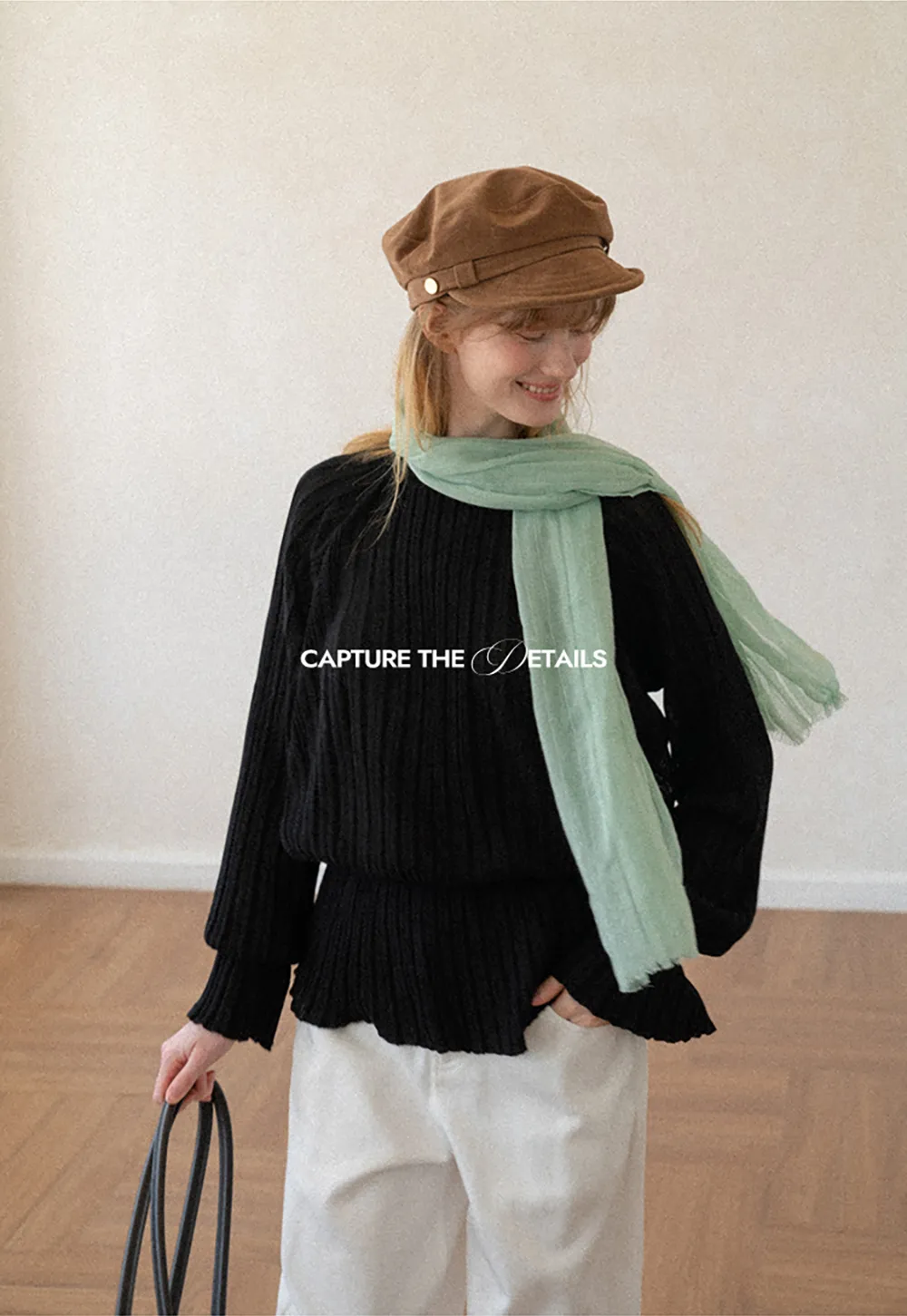 Ribbed Knit Sweater with Ruffled Hem and Flared Sleeves