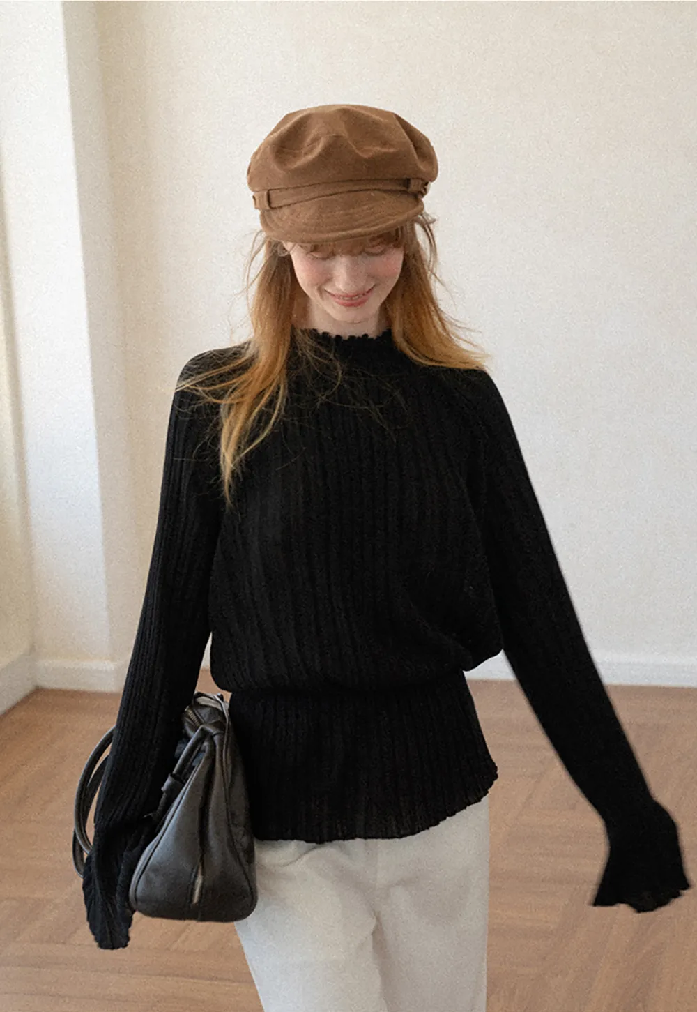 Ribbed Knit Sweater with Ruffled Hem and Flared Sleeves