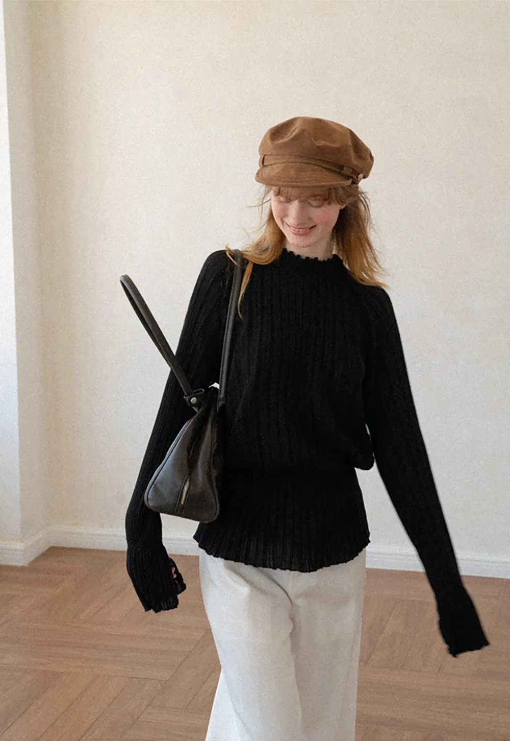 Ribbed Knit Sweater with Ruffled Hem and Flared Sleeves