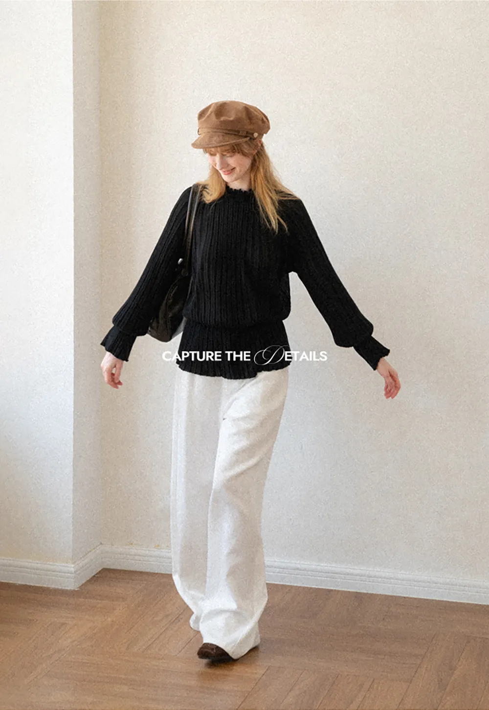 Ribbed Knit Sweater with Ruffled Hem and Flared Sleeves