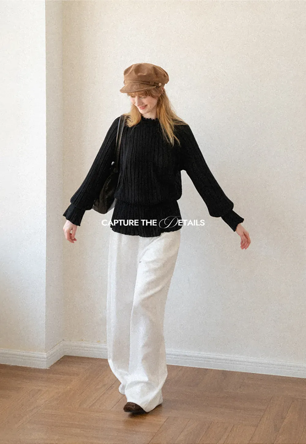 Ribbed Knit Sweater with Ruffled Hem and Flared Sleeves