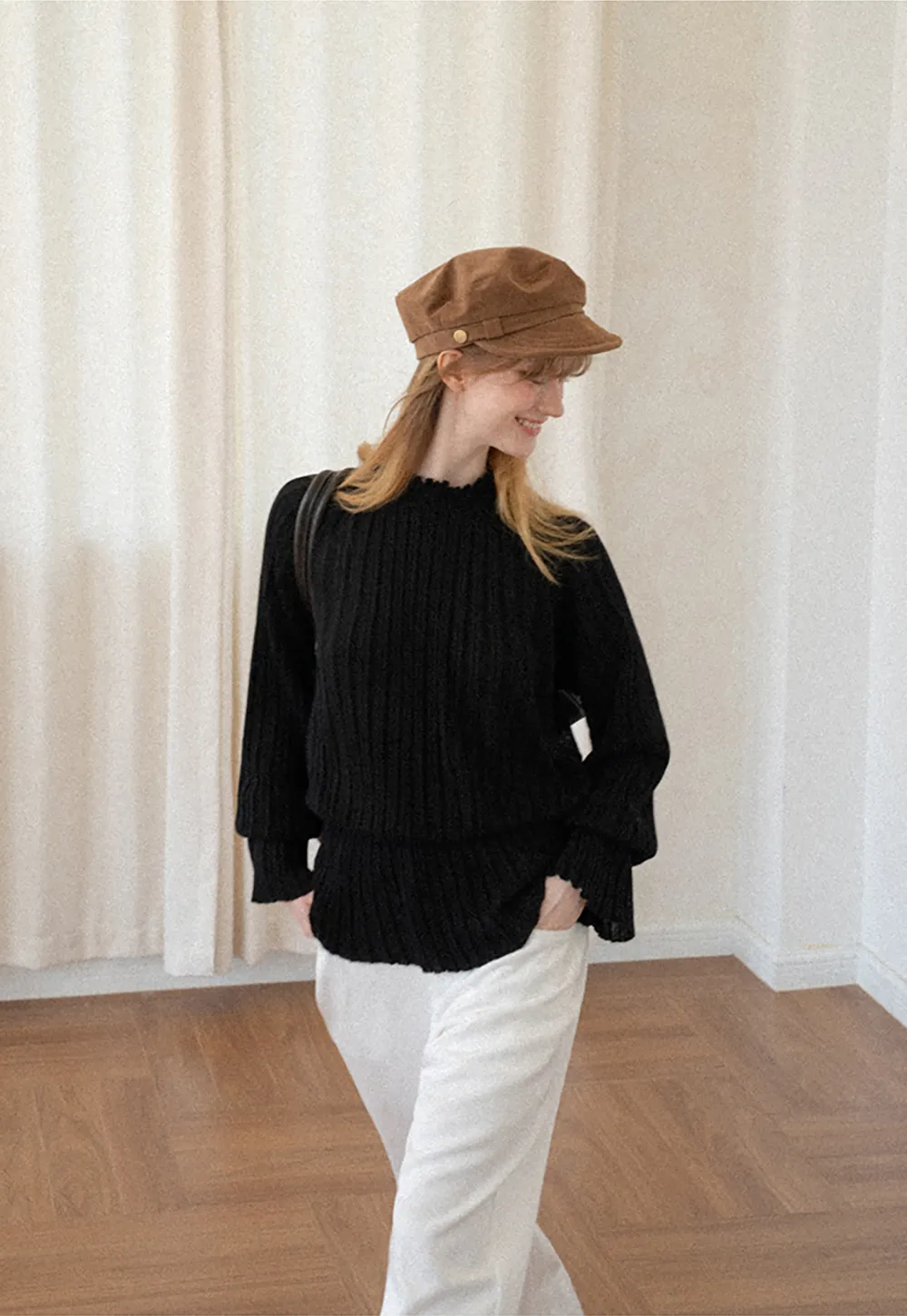 Ribbed Knit Sweater with Ruffled Hem and Flared Sleeves