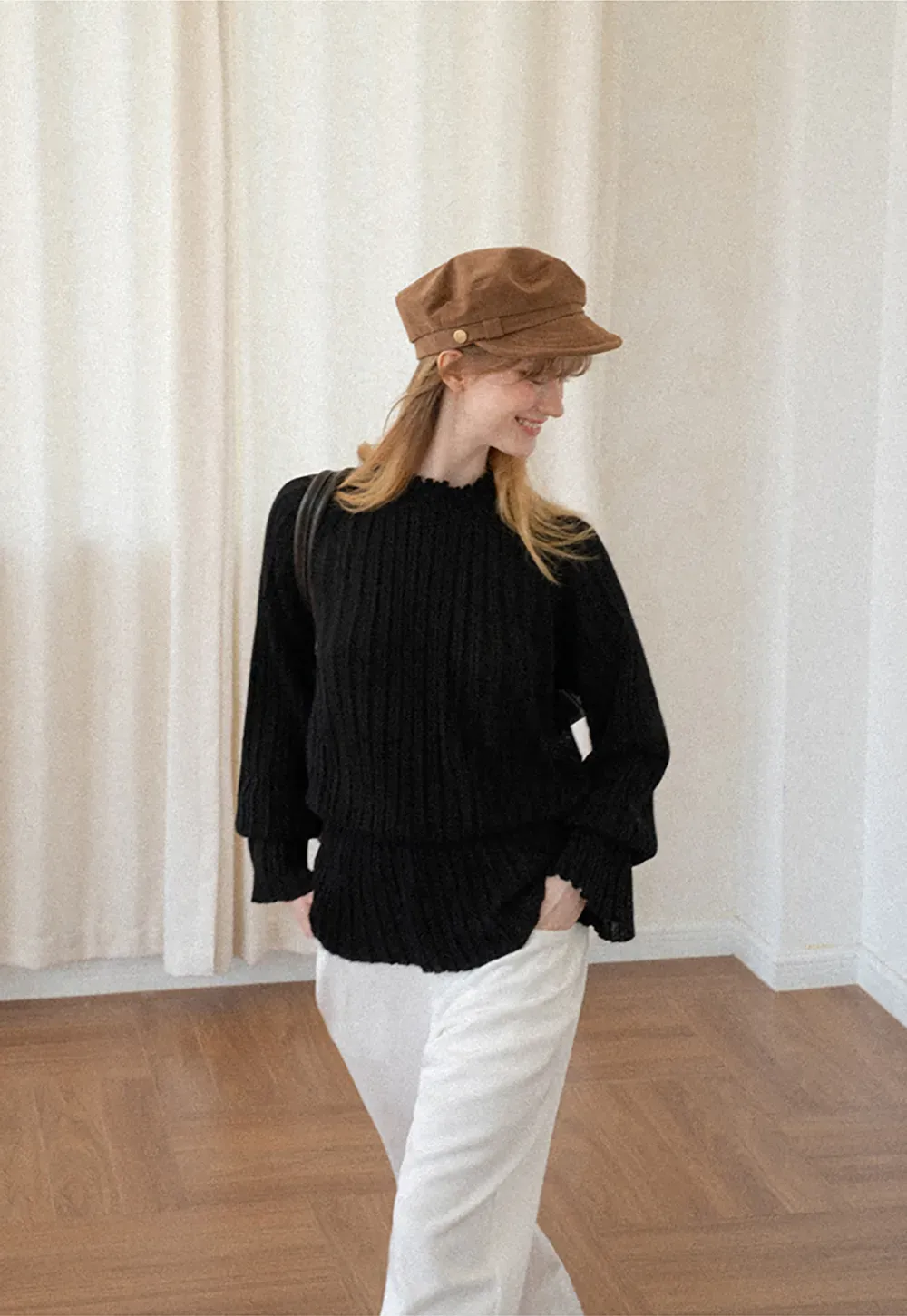 Ribbed Knit Sweater with Ruffled Hem and Flared Sleeves