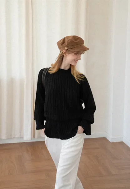 Ribbed Knit Sweater with Ruffled Hem and Flared Sleeves