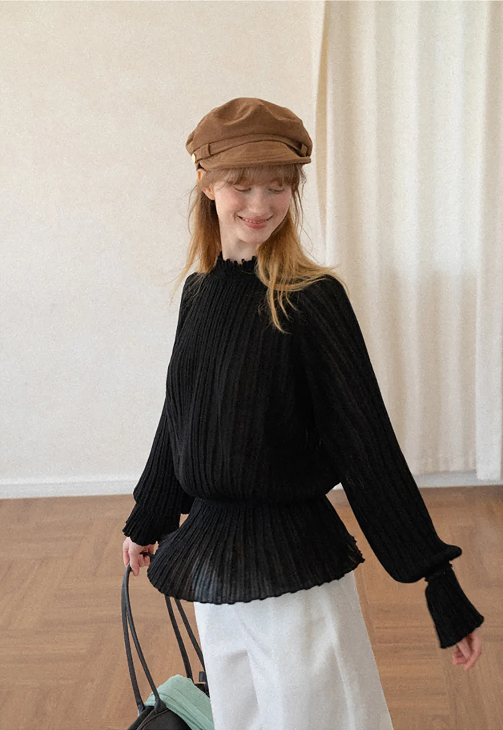 Ribbed Knit Sweater with Ruffled Hem and Flared Sleeves