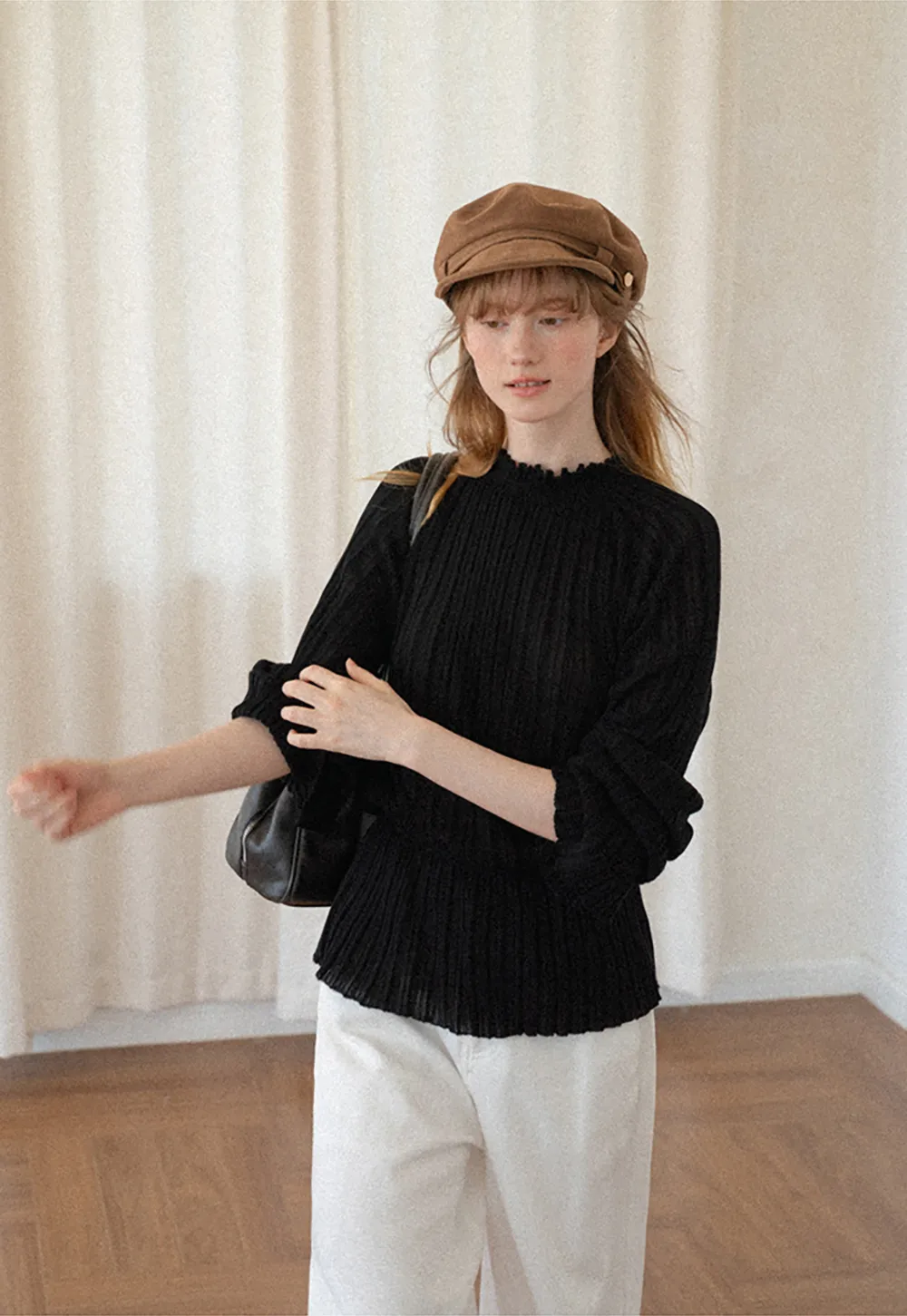 Ribbed Knit Sweater with Ruffled Hem and Flared Sleeves