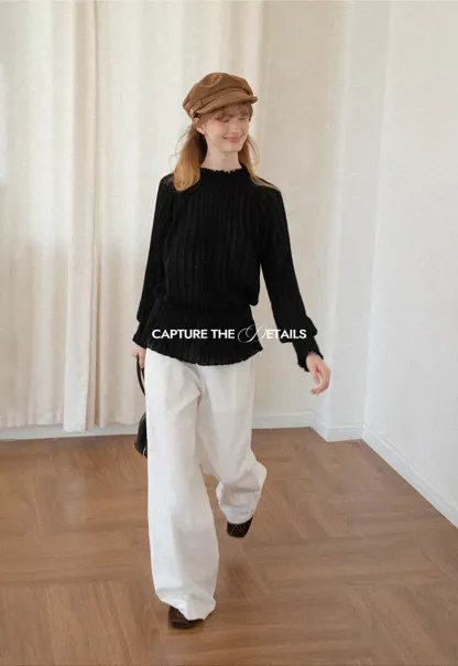 Ribbed Knit Sweater with Ruffled Hem and Flared Sleeves