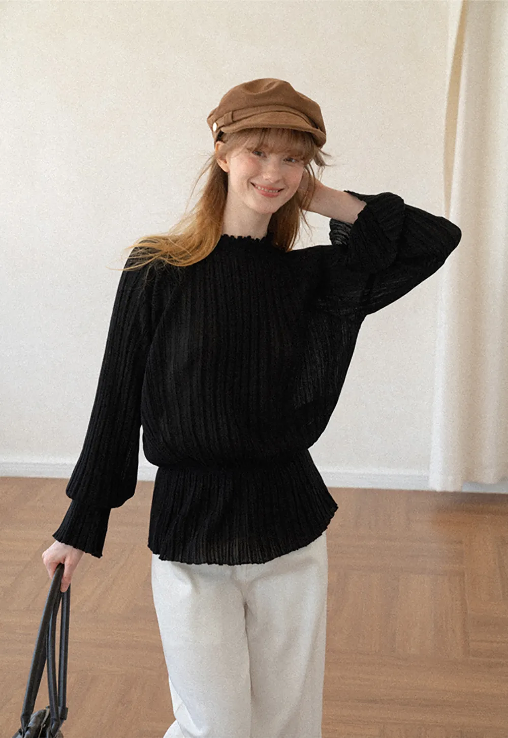 Ribbed Knit Sweater with Ruffled Hem and Flared Sleeves