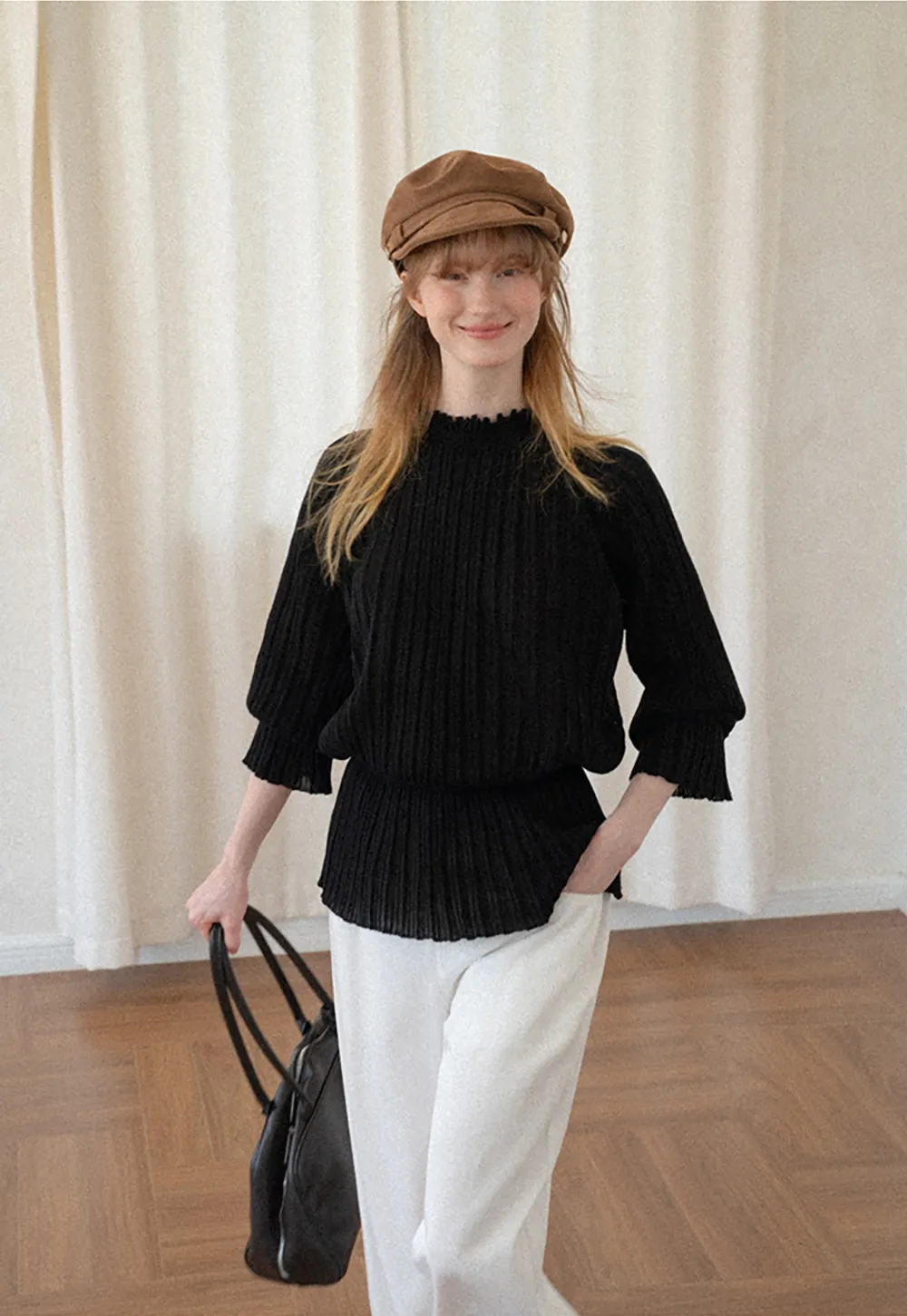 Ribbed Knit Sweater with Ruffled Hem and Flared Sleeves