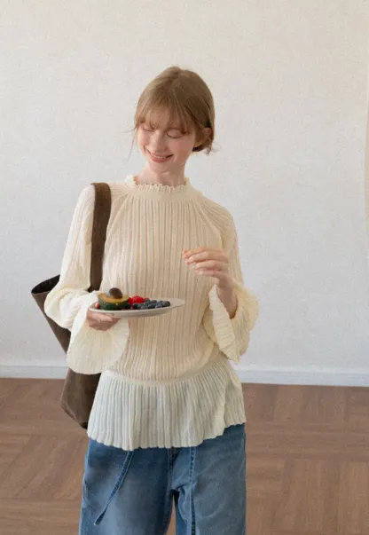 Ribbed Knit Sweater with Ruffled Hem and Flared Sleeves