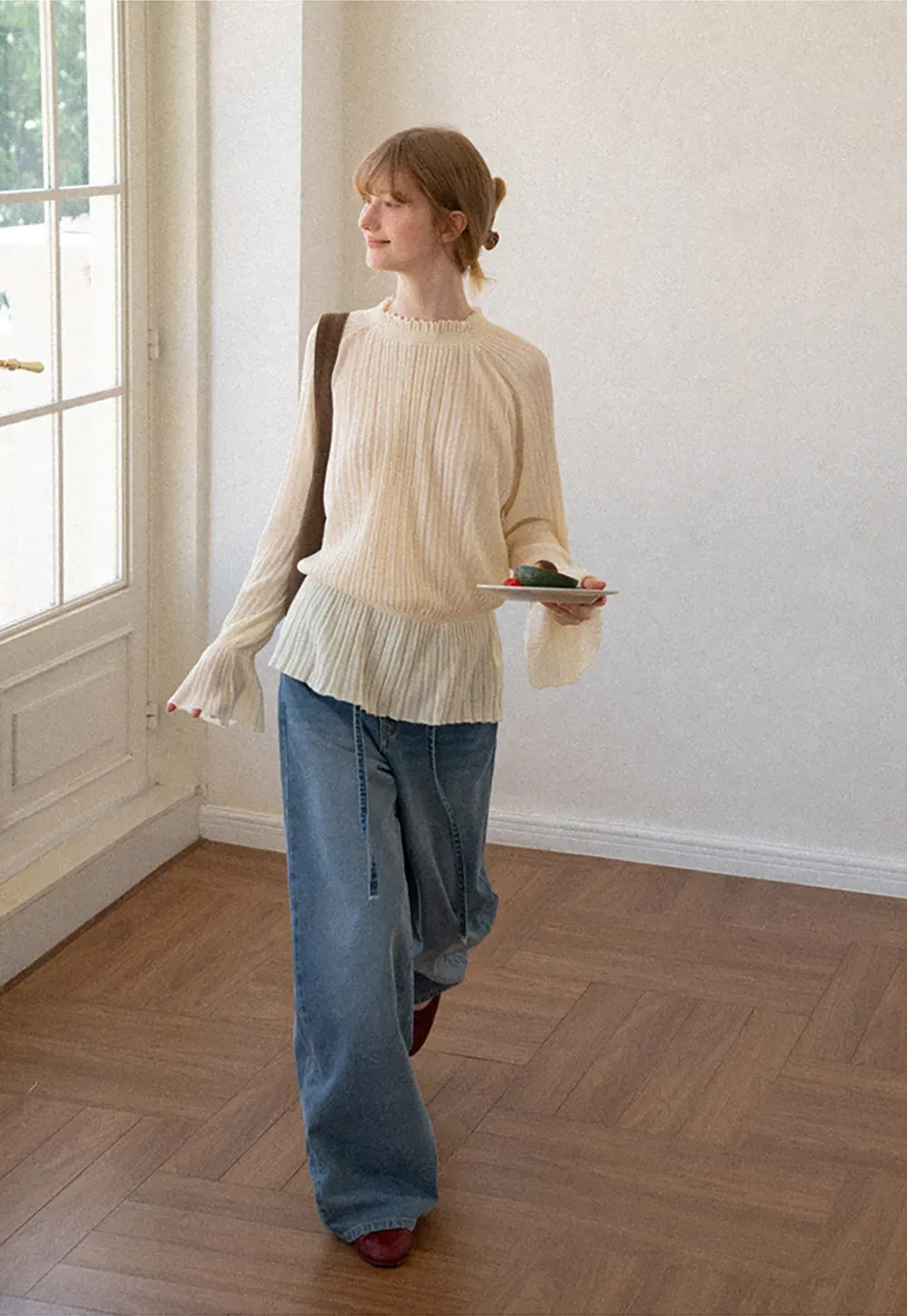 Ribbed Knit Sweater with Ruffled Hem and Flared Sleeves