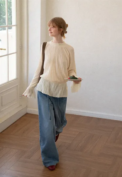 Ribbed Knit Sweater with Ruffled Hem and Flared Sleeves