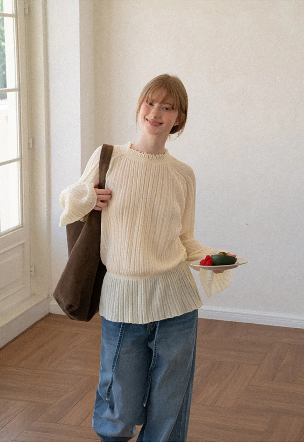 Ribbed Knit Sweater with Ruffled Hem and Flared Sleeves
